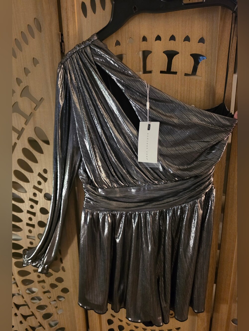 Endless Rose One-Shoulder Metallic Gunmetal Romper